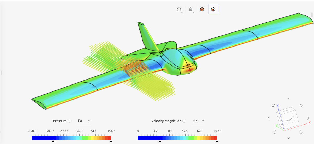 CFD particle traces and pressure field around a WUDFLY aircraft
