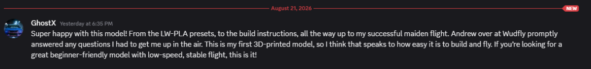 Discord testimonial from GhostX describing the WUDFLY SPECTRE build instructions, support and successful maiden flight