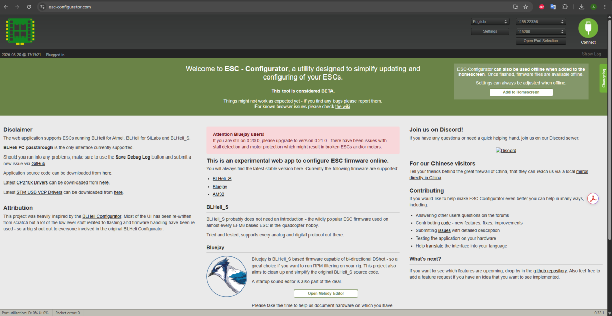 ESC Configurator screen used to check and reverse the Spectre motor directions