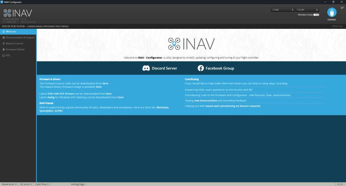 INAV Configurator landing screen