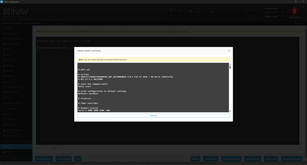 INAV Configurator CLI screen showing the Load from File and Execute workflow for the Spectre configuration