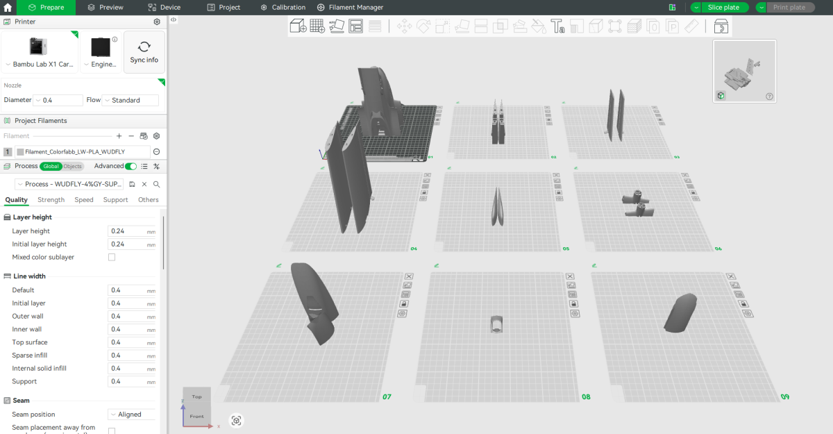 VENOM master printed-parts reference sheet showing the complete airframe parts inventory
